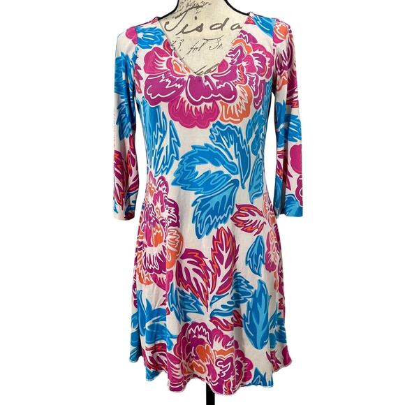 Diane Von Furstenberg Kaden Silk Blue Pink Floral Mini Dress 3/4 Sleeve Size 6 - Picture 1 of 10